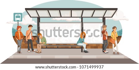 Passengers at bus stop. Cartoon people waiting for bus.