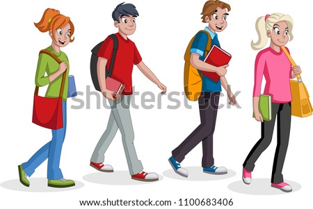 Teenagers students walking. Cartoon young people.