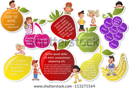 Colorful template for advertising brochure with fruits and cartoon children Colorful template for advertising brochure with fruits and cartoon children