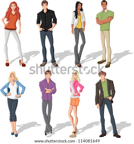 Group of fashion cartoon young people