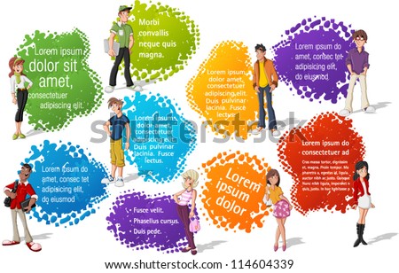 Colorful Template For Advertising Brochure With Cool Cartoon Young People. Teenagers.