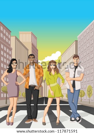 Cartoon people on downtown street in the city with tall buildings