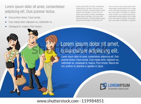 Blue template for advertising brochure with a group of fashion cartoon young people. Teenagers.