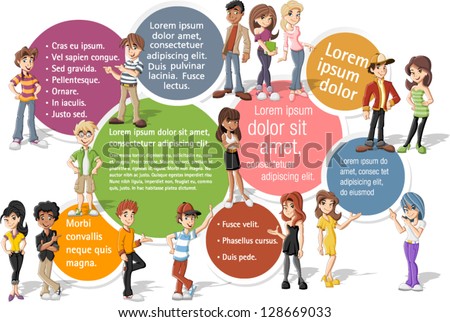 Colorful template for advertising brochure with cool cartoon young people. Teenagers.