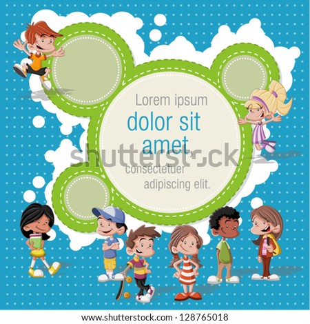 Colorful template for advertising brochure with a group of cute happy cartoon kids playing Colorful template for advertising brochure with a group of cute happy cartoon kids playing