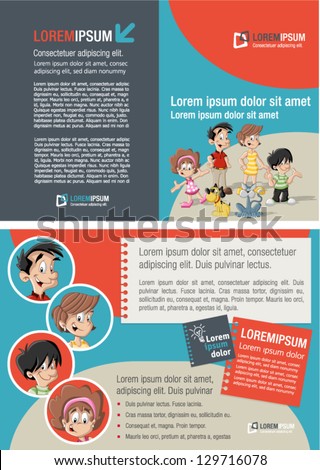 Red and blue template for advertising brochure with cute happy cartoon family Red and blue template for advertising brochure with cute happy cartoon family