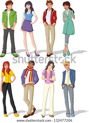 Group Of Fashion Cartoon Young People. Teenagers.