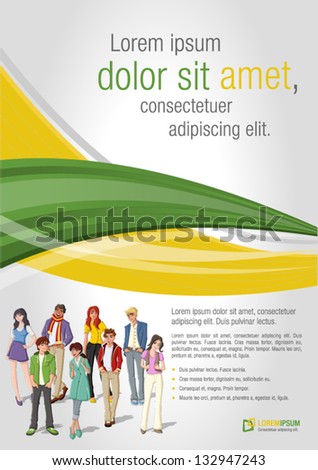 Green and yellow template for advertising brochure with young people. Teenagers.