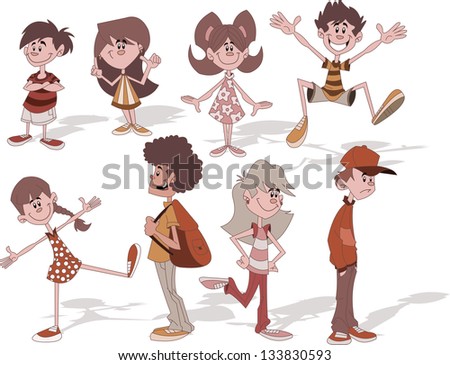 Group of cartoon young people. Children.