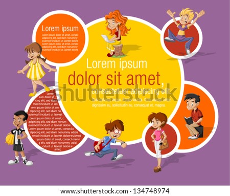 Colorful template for advertising brochure with fashion cartoon young people. Teenagers.