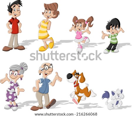 Colorful cute happy cartoon family with pets Colorful cute happy cartoon family with pets