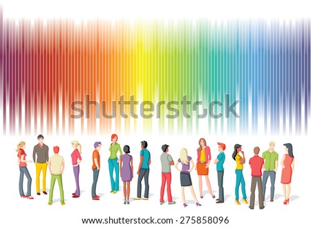 Colorful template for advertising brochure with large group of young people