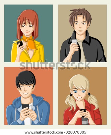 Group of cartoon young people with smart phones. Manga anime teenagers.