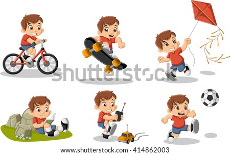 Cute happy cartoon boy playing. Sports and toys.
