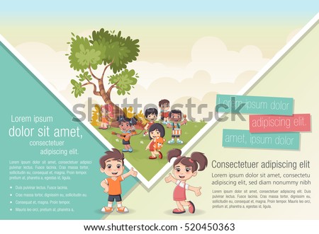 Template for advertising brochure with cute cartoon kids playing. Sports and recreation.
