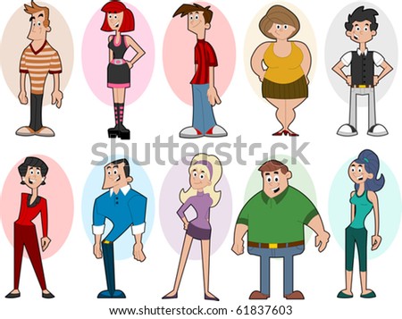 Group of cartoon people stand wearing colorful clothes