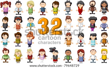 Group of 32 funny cartoon people