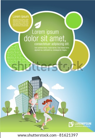 Template for advertising brochure with couple jogging in the city park Template for advertising brochure with couple jogging in the city park
