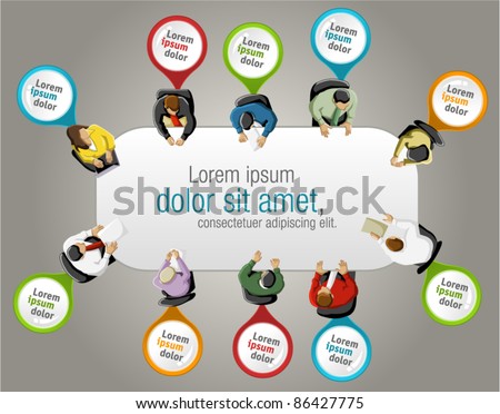 Group of business people working in office table with colorful pointers. Vector label.