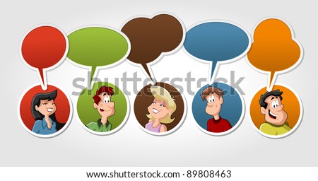 Group of cartoon people talking with speech balloon