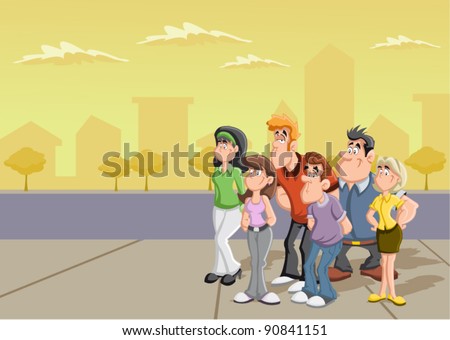 Group of cartoon people on the street.