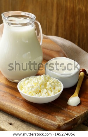 still life of dairy products (milk, sour cream, cottage cheese)