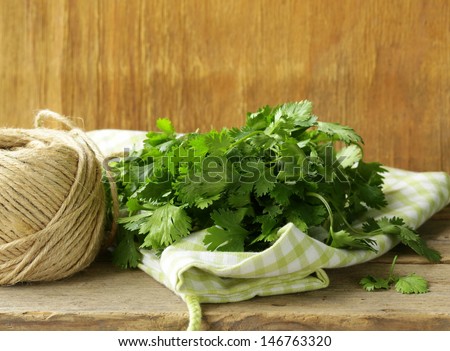 bunch of fresh green coriander (cilantro) on a wooden table