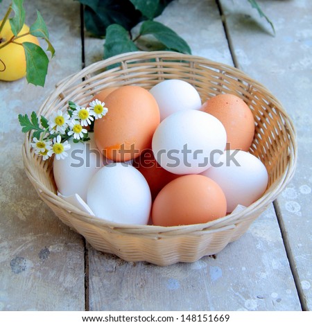 farm eggs in a basket on a wooden table