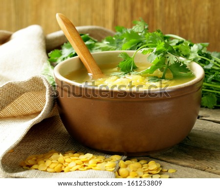 yellow lentil soup with green coriander
