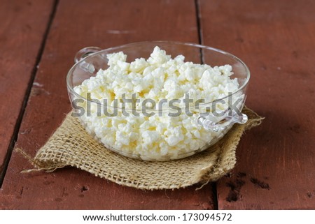 Fresh natural organic cottage cheese in a glass bowl
