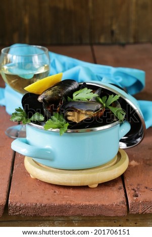 fresh delicious seafood mussels with green parsley