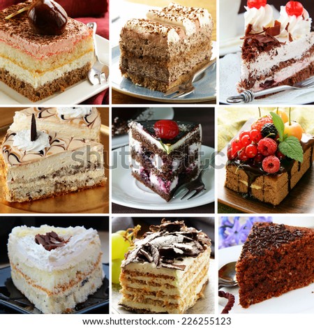 collage of different pieces of cake (vanilla, chocolate, Black Forest)