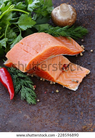 fresh salmon (red fish) fillet with herbs, spices and vegetables - healthy food