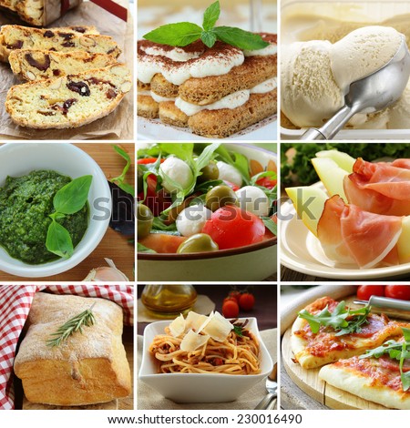 collage menu Italian food pyramid (desserts, salads, pizza and pasta)
