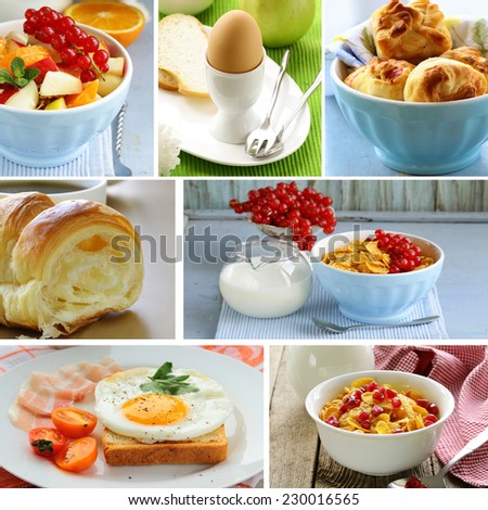 collage of different types of breakfast menu (croissants, scrambled eggs, muesli with milk)