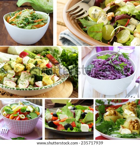 collage menu salads cabbage, potatoes and pasta