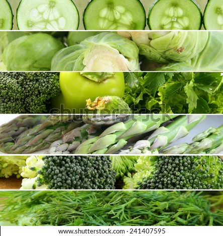 collage of different green vegetables ( peppers, asparagus,cucumbers, cabbage)