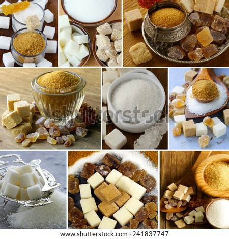 collage assortment of sugar (refined sugar, white, brown)