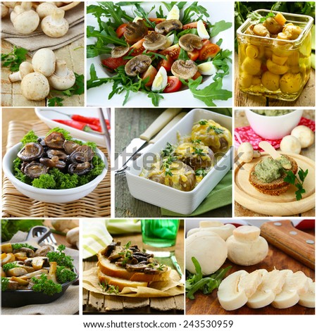 collage menu different dishes from mushrooms champignons