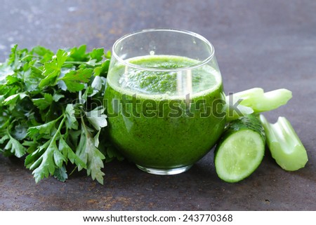 fresh green juice from celery, cucumbers and parsley