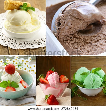 collage assortment ice cream (vanilla, strawberry, mint, chocolate)