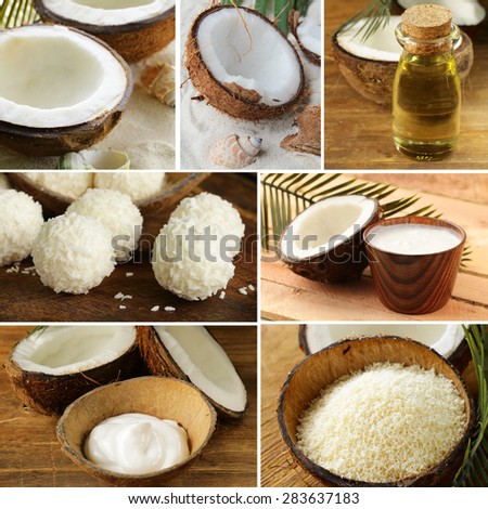 collage of fresh organic coconut and its products (oil, chips, cream)