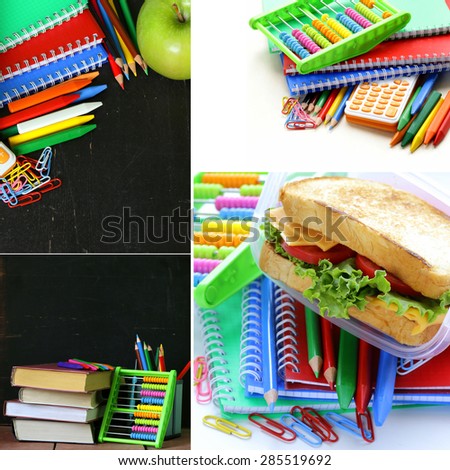 collage school stationery and  lunch box - Back to school concept