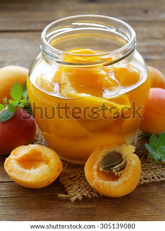 canned peaches fruit in a glass jar