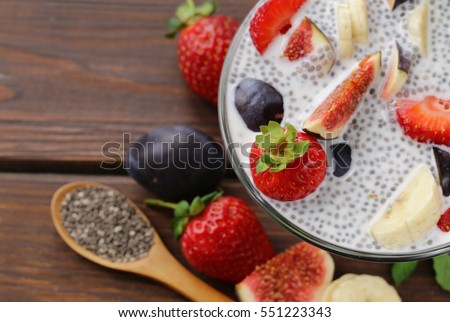 Healthy eating super foods - chia seeds and fruits.