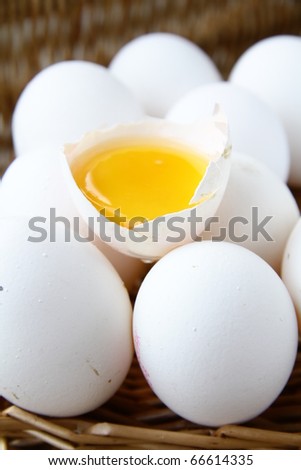 Many eggs in a wicker basket of one egg is broken