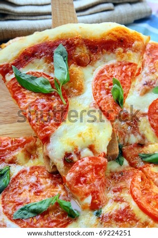 Margarita pizza with tomatoes and basil cheese on the board