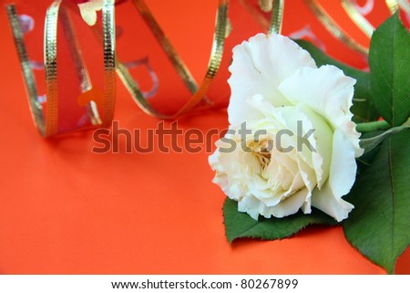 white roses and red ribbon on a red background