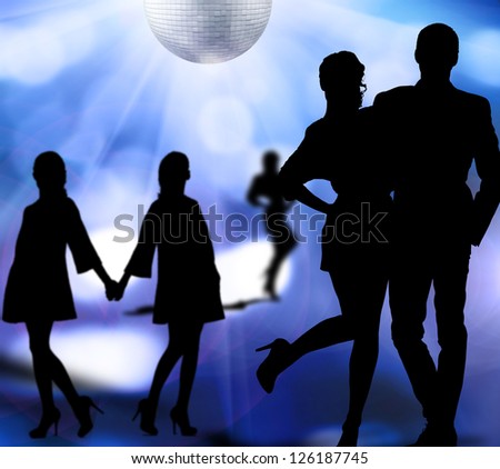silhouettes of men and women dancing at a disco