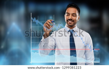 business, statistics and people concept - smiling indian businessman with marker drawing chart on screen or glass wall over office background
